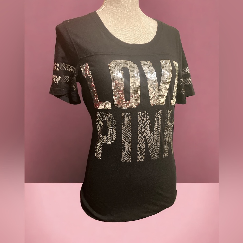 ❤️Victoria’s Secret PINK Black & SilverTee W/ Sequins (Vintage style) Sz Med